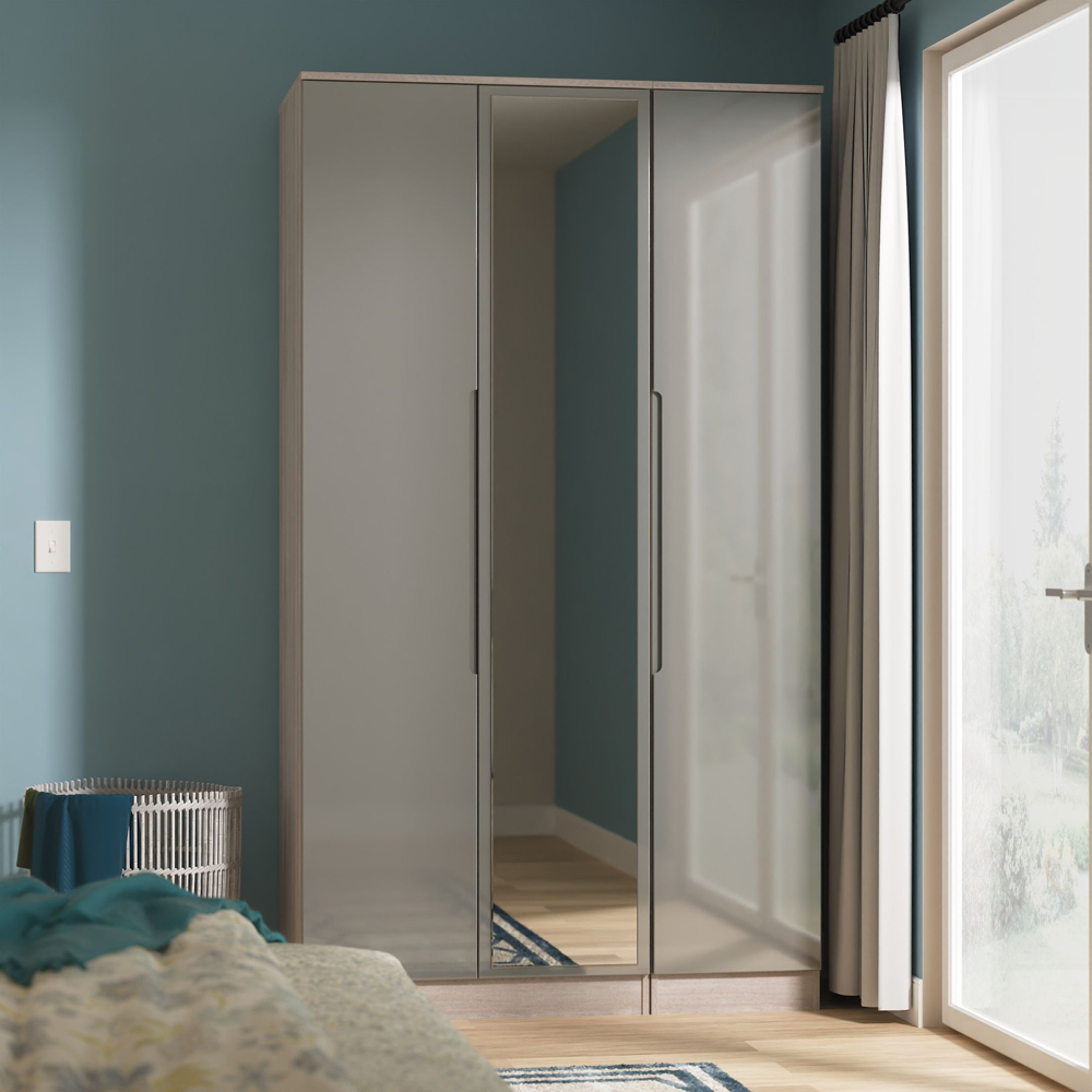 Crowndale Milan 3 Door Grey Gloss and Grey Oak Tall Mirrored Wardrobe Ready Assembled Image 9