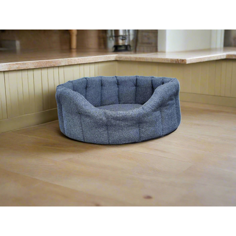 P&L Medium Blue Premium Orkney Tweed Fabric Drop Fronted Softee Oval Pet Bed Image 2