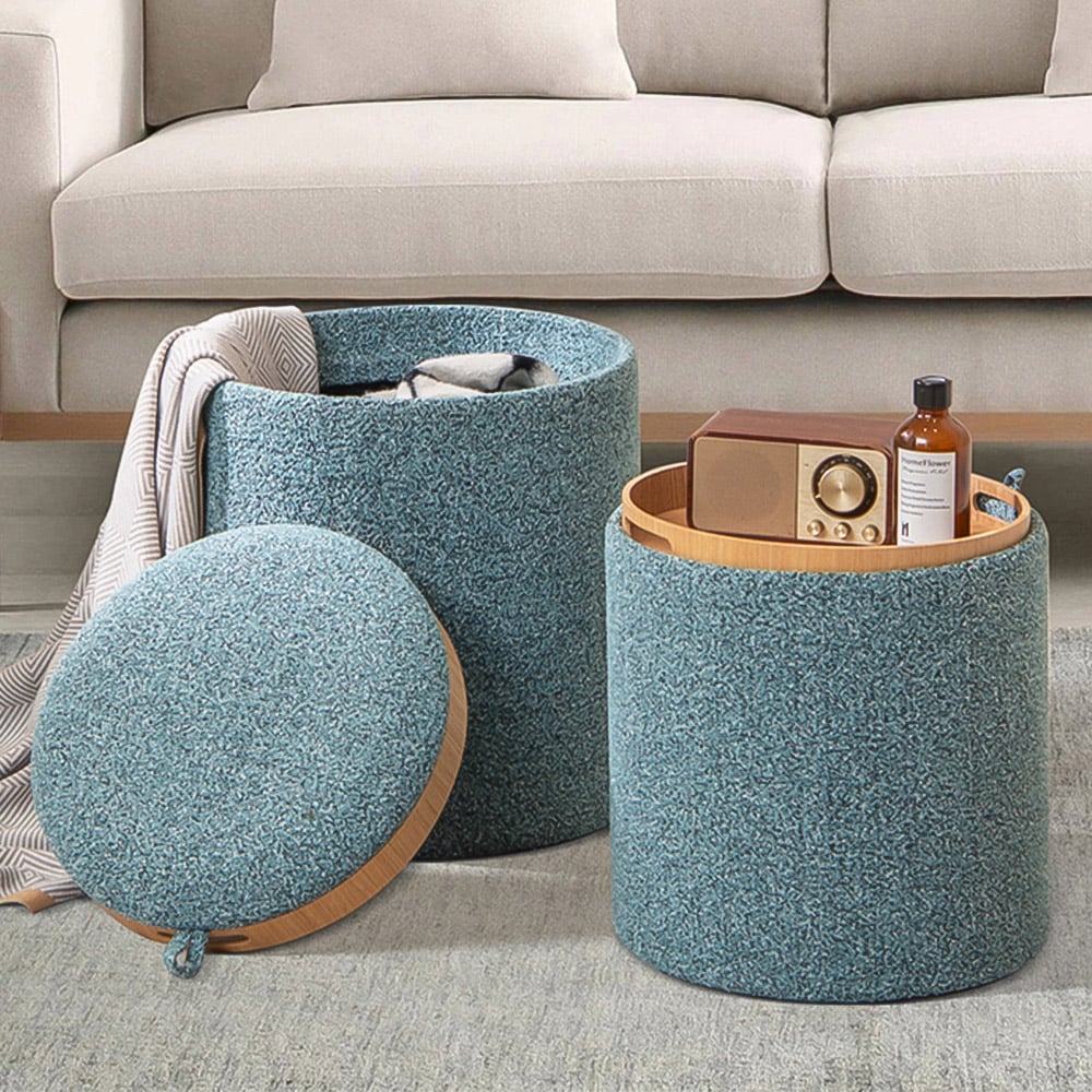 Costway Blue Upholstered Storage Round Ottoman with Reversible Tray Set of 2 Image 1