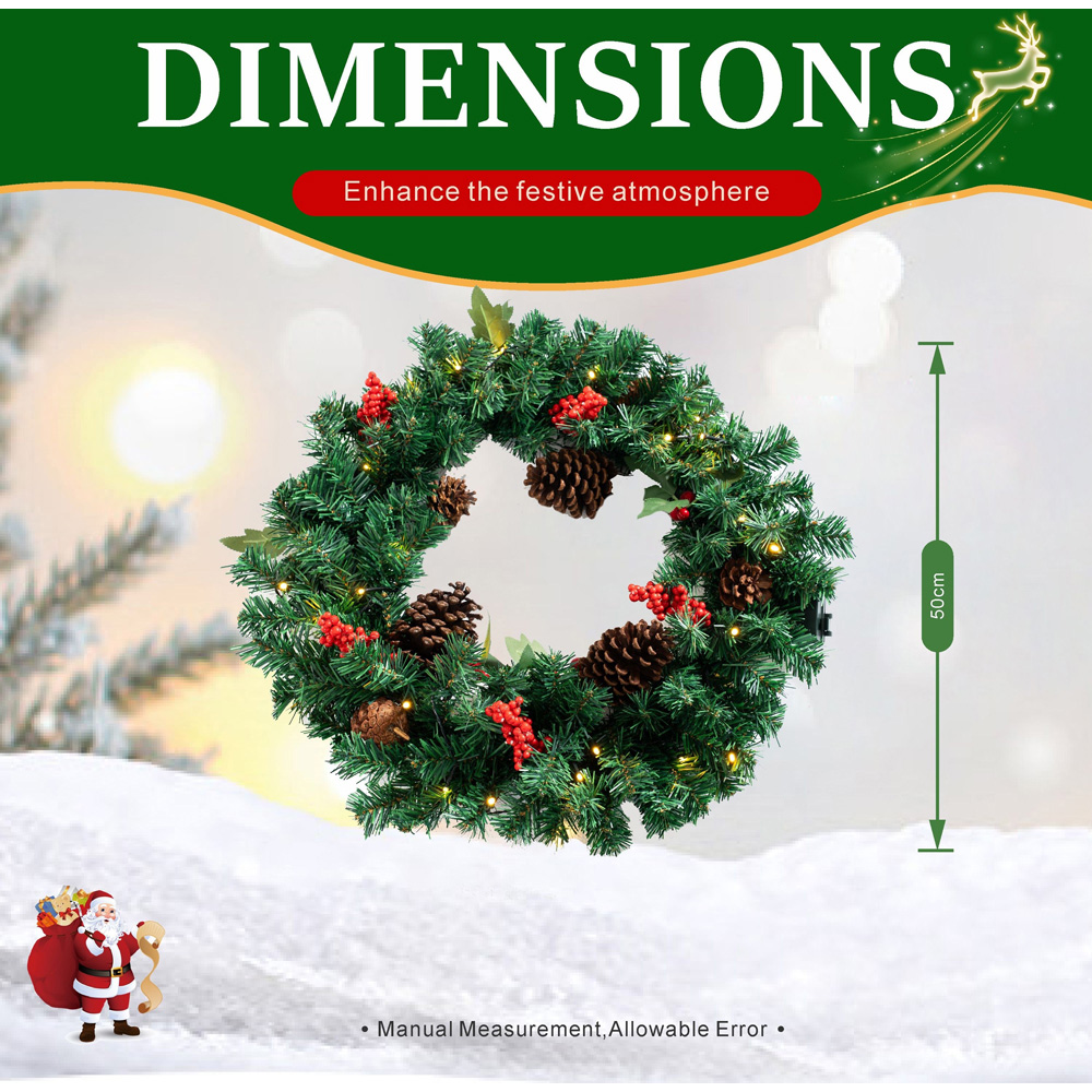 Abrihome 35 Warm White LED Artificial Cypress Christmas Wreath with Tips Pinecones and Berries 50cm Image 9