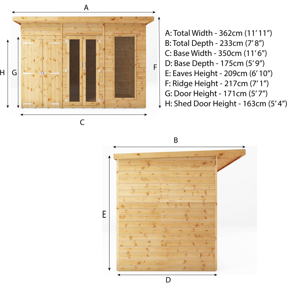 Mercia Maine 12 x 6ft Double Door Shiplap Traditional Summerhouse with Side Shed Image 7
