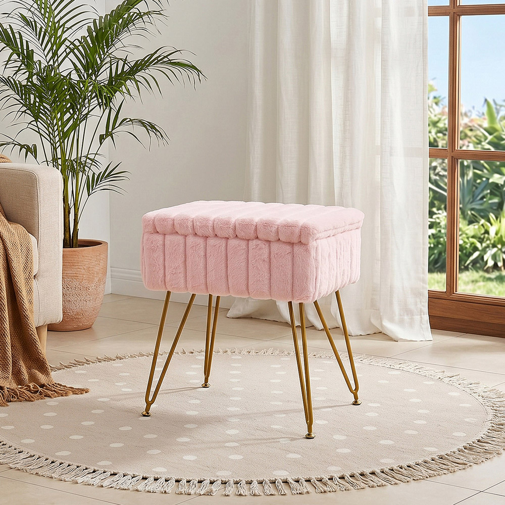 Living and Home Pink Teddy Fleece Storage Ottoman with Gold Metal Legs Image 7