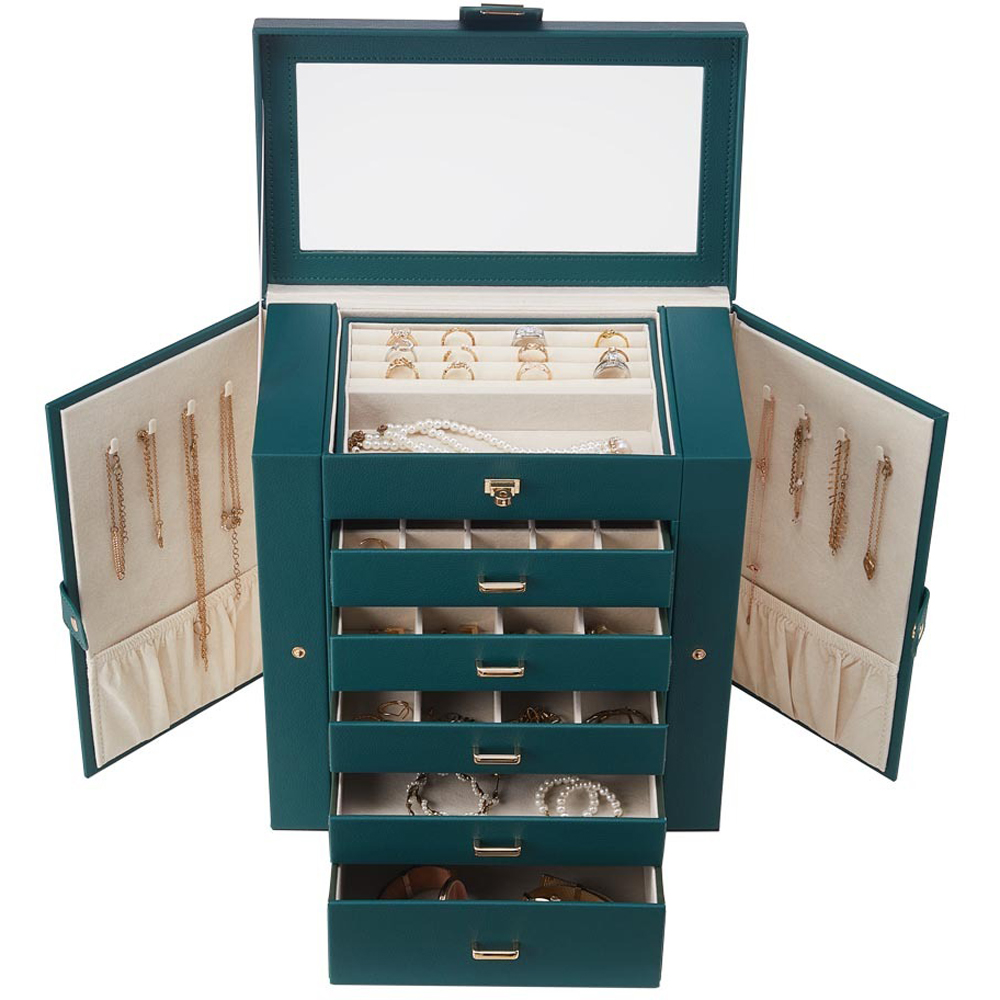 H&O Direct 5 Drawer Green Jewellery Box with Mirror Image 2