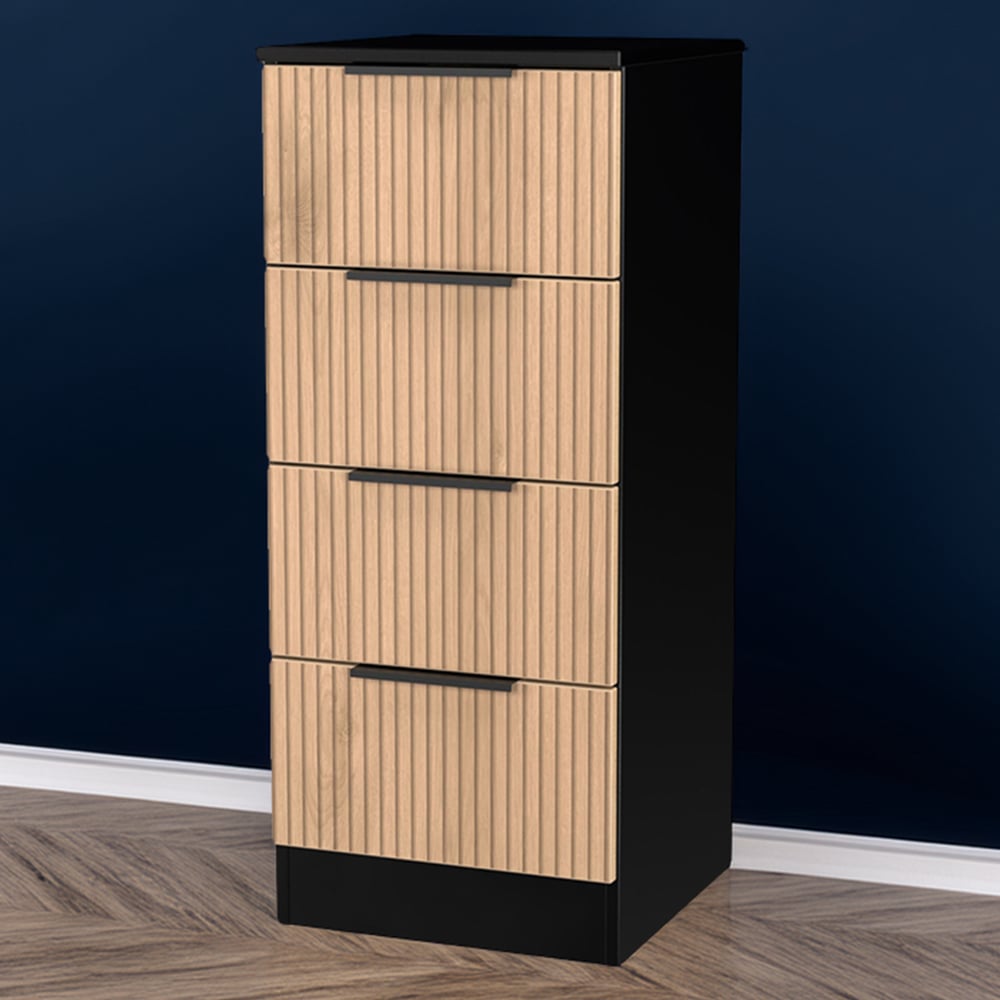 Crowndale Java 4 Drawer Slatt Effect and Black Bedside Cabinet Image 1