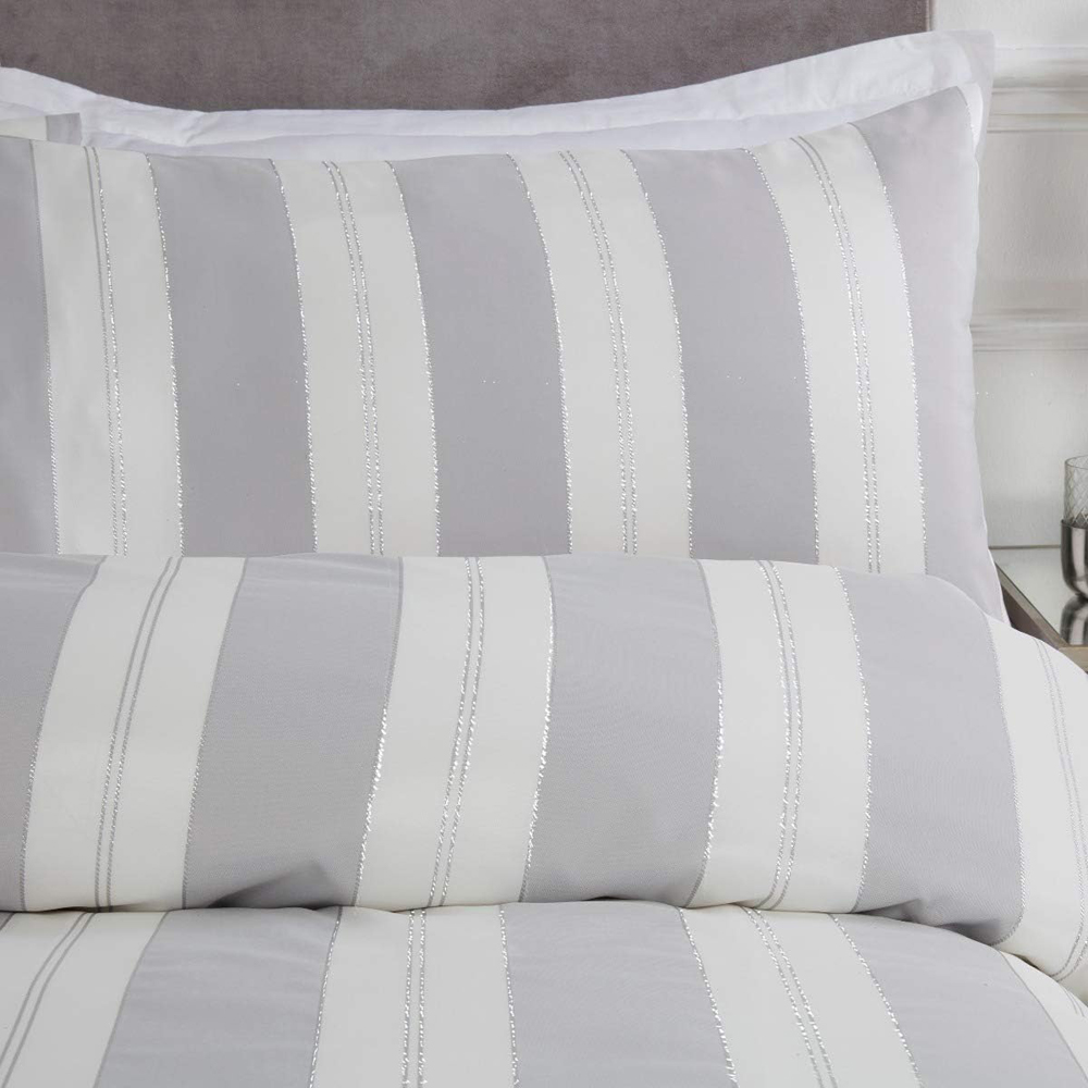 Smart Living King Size White and Silver Lurex Stripe Jacquard Duvet Cover Set Image 3