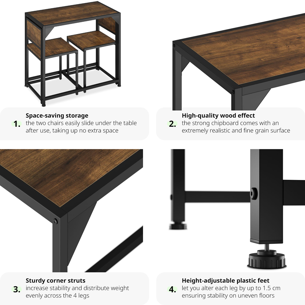 tectake Milton 2 Seater Industrial Dark Wood Dining Set Image 5