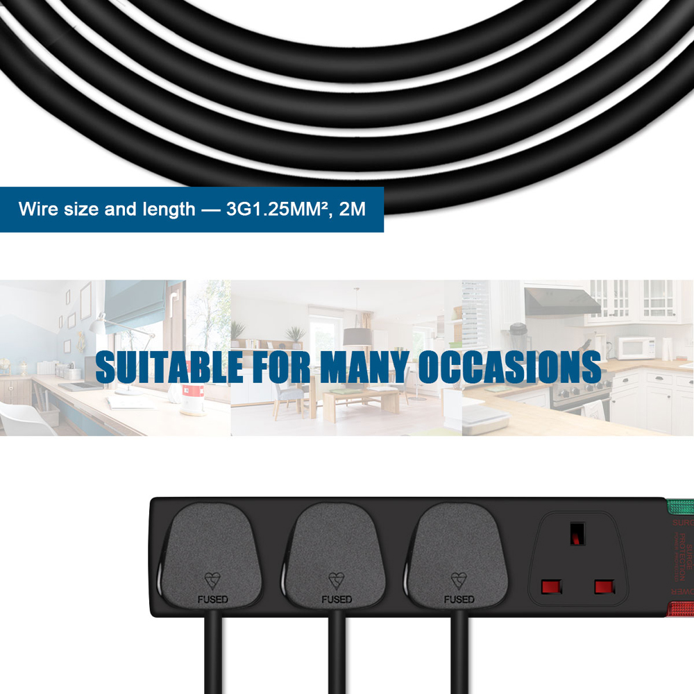 ExtraStar Black 13A 2m 4 Socket Surge Protected Extension Lead Image 2