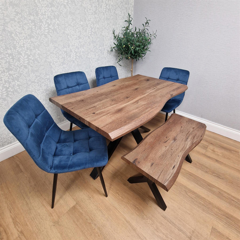 Kosy Koala 6 Seater Wooden Effect Velvet Dining Set with Bench Blue Image 5