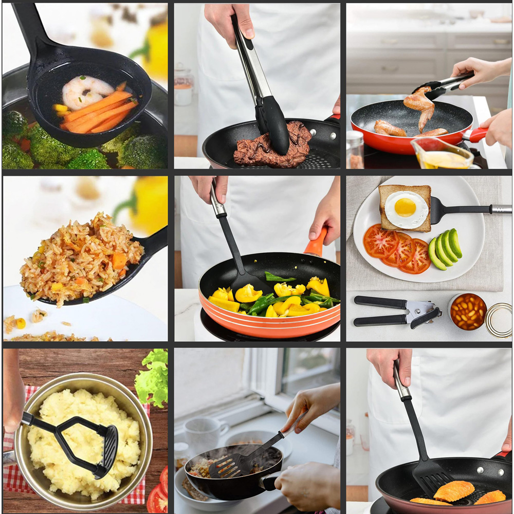 ATEK 24 Piece Black Silicone Kitchen Cooking Utensil Set with Stainless Steel Handle Image 4
