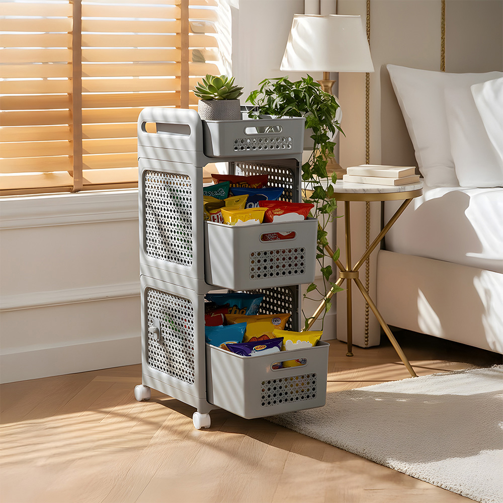 Living and Home 3-Tier Grey Storage Cart with Pull-Out Baskets Image 2