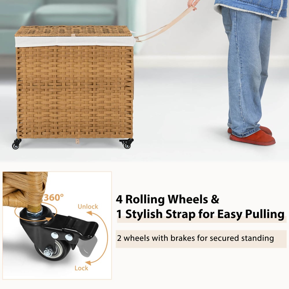 Costway Natural 2 Bags Handwoven Rattan Laundry Hamper with Lid and Wheels 125L Image 7