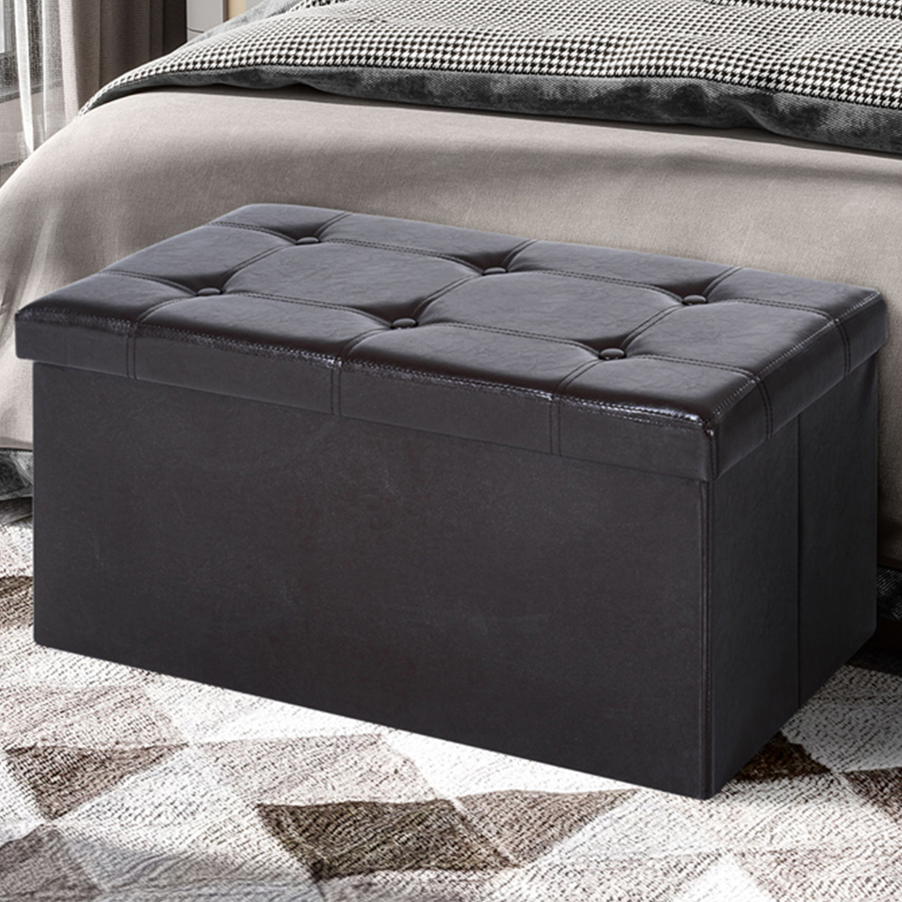 Portland Brown Tufted Faux Leather Folding Ottoman Image 1