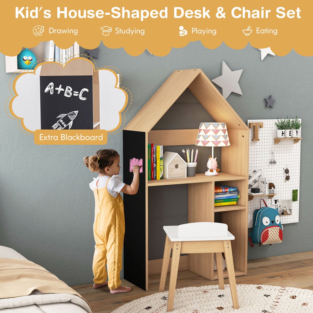 Costway Grey House Shaped Wooden Kids Table and Chair Set with Blackboard Image 5