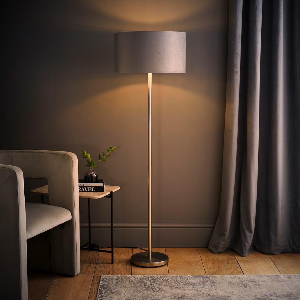 ValueLights Charlie Grey Velvet and Metallic Shade Chrome Floor Lamp and Bulb Image 7