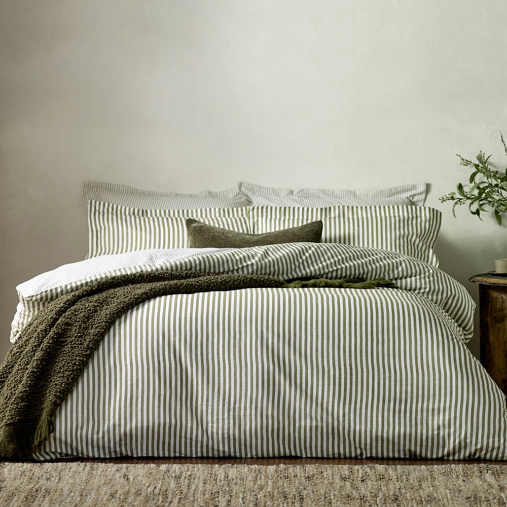 Yard Hebden Single Melange Stripe Cotton Olive Duvet Set Image 1