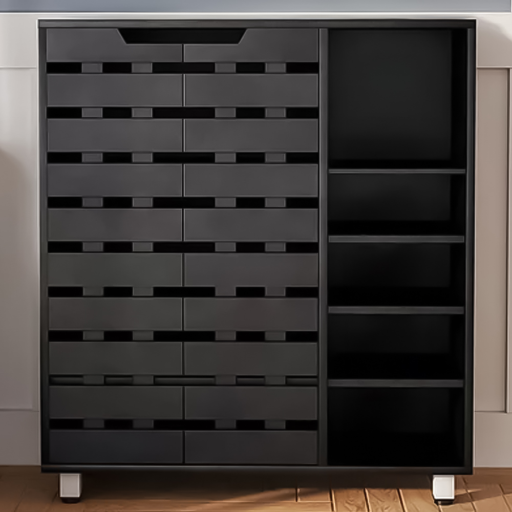 H&O Direct 2 Door 5 Shelf Black Shoe Cabinet Image 1