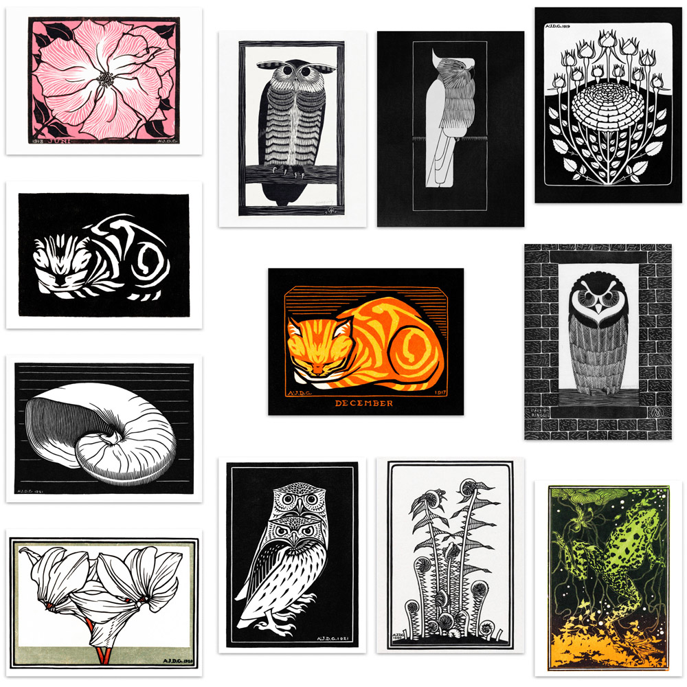 Artery8 Vintage 1917 Julie De Graag Owl Cat Frog Fern Wall Art Print 30 x 41cm 12 Pack Image 1