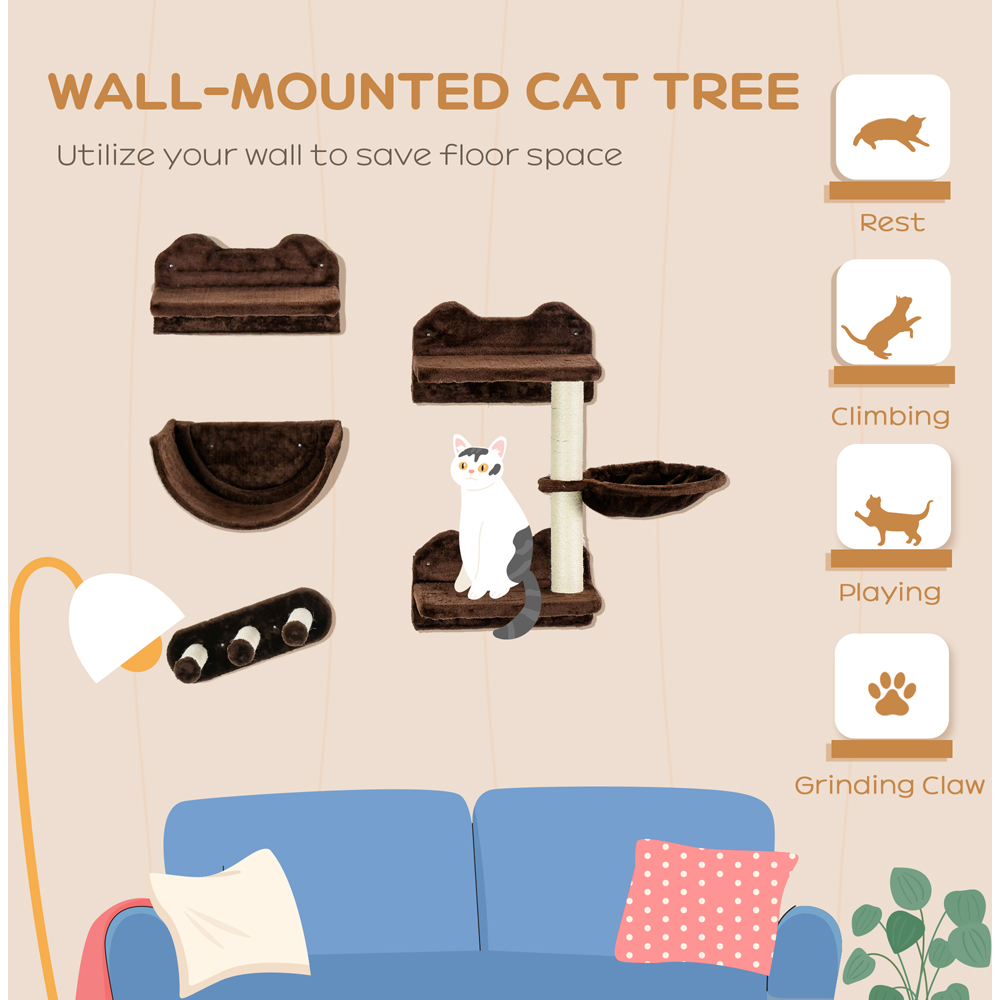 PawHut 4 Piece Wall Mounted Dark Brown Cat Wall Shelves with Scratching Post Image 4