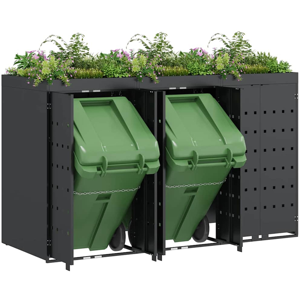 vidaXL Anthracite 3 Wheelie Bin Storage Shed with Planter Roof Image 3