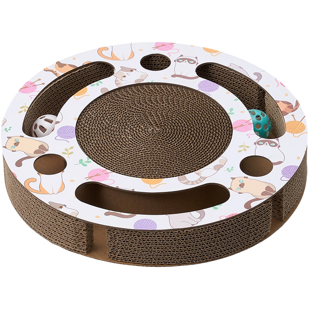 H&O Direct 33cm Multicolour Round Cat Scratcher Board with Ball Track and 2 Bell Balls Image 2