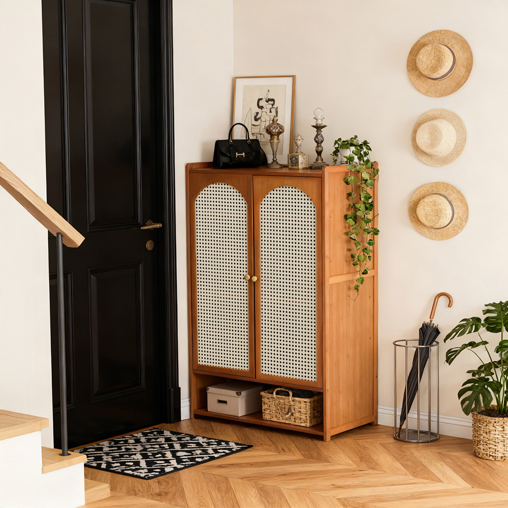 Living and Home 2 Door Single Open Shelf Brown Rattan Shoe Cabinet Image 8