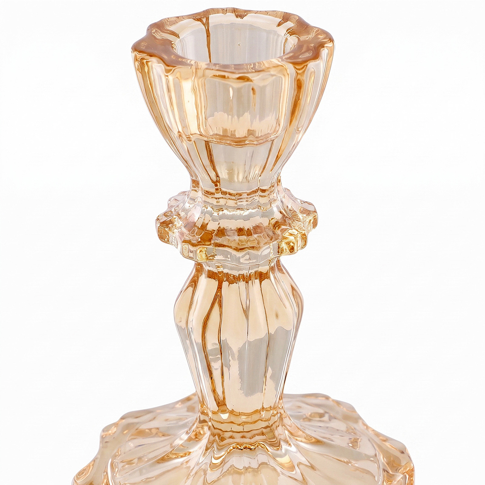 Living and Home Amber Glass Wide Base Candlestick Holder Set of 2 Image 6
