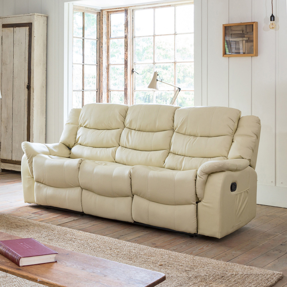 Almeira 3 Seater Cream Bonded Leather Massage and Heat Manual Recliner Sofa Image 4