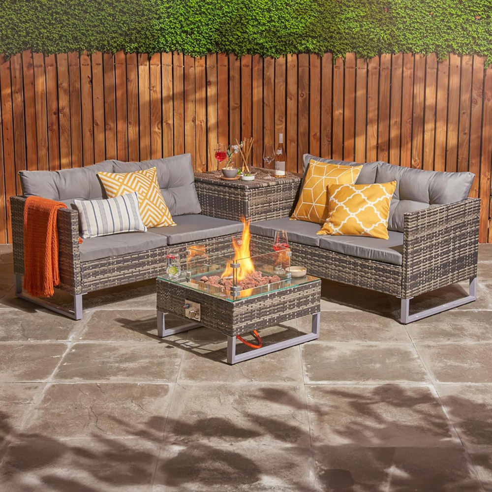 Home Treats 4 Seater Rattan Garden Sofa Set with Firepit and Storage Ottoman Image 1