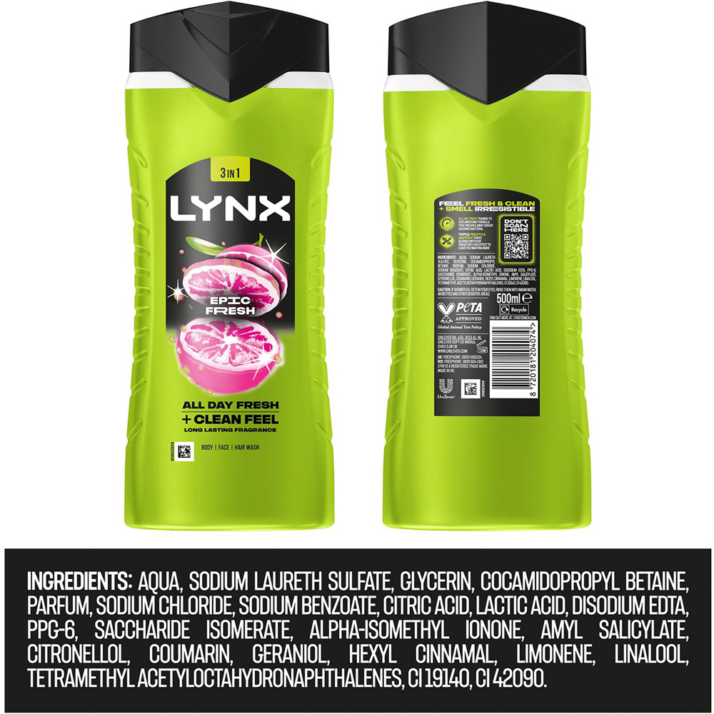 Lynx Epic Fresh Grapefruit and Tropical Pineapple Shower Gel 500ml 18 Pack Image 8