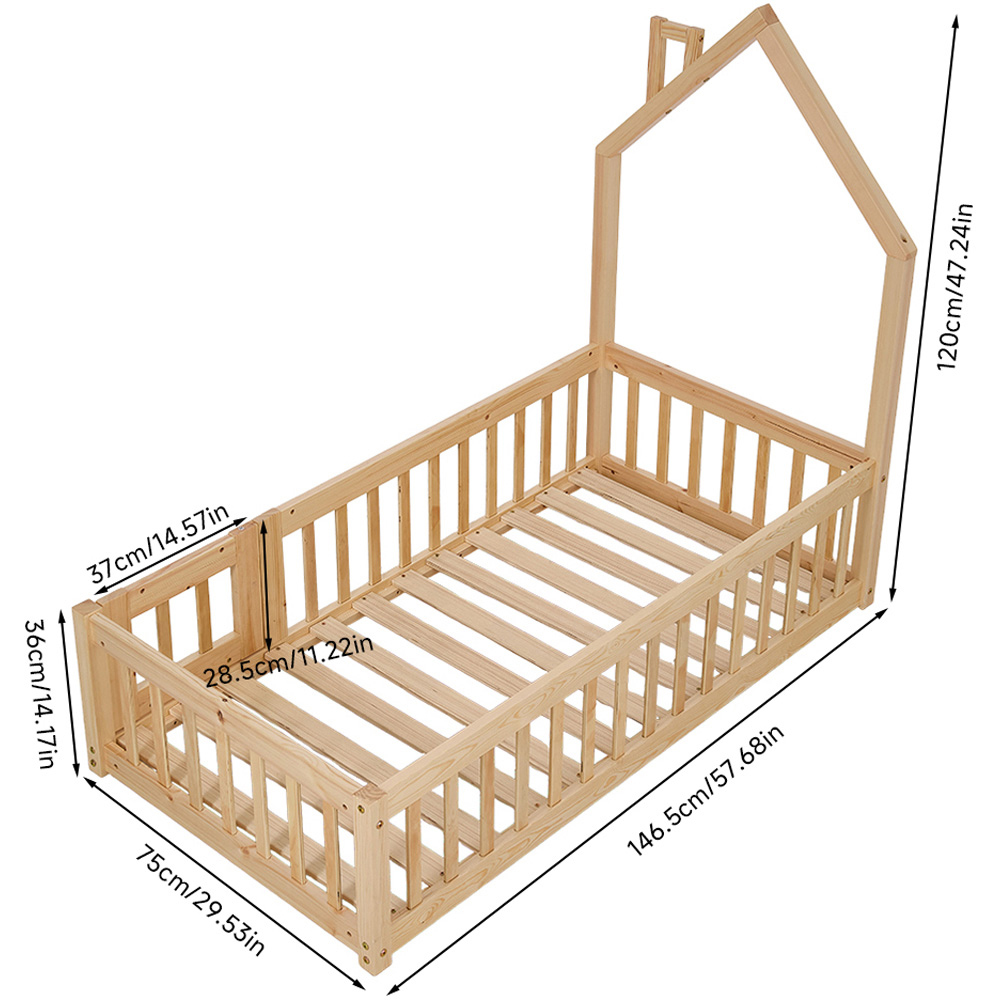 Living and Home Kids Natural Pine Wood Floor Bed Frame with Roof Headboard Image 9