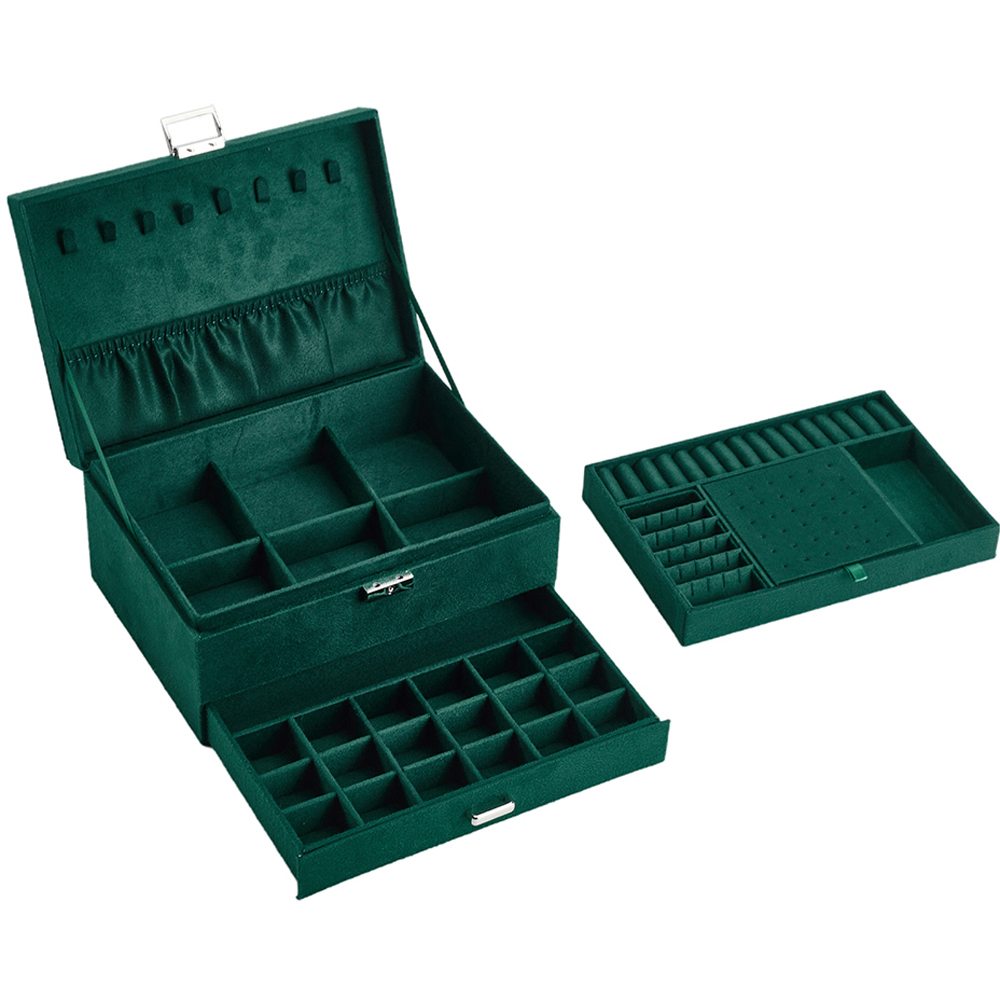 Living and Home 3 Tier Dark Green Velvet Jewellery Case with Lock Image 4