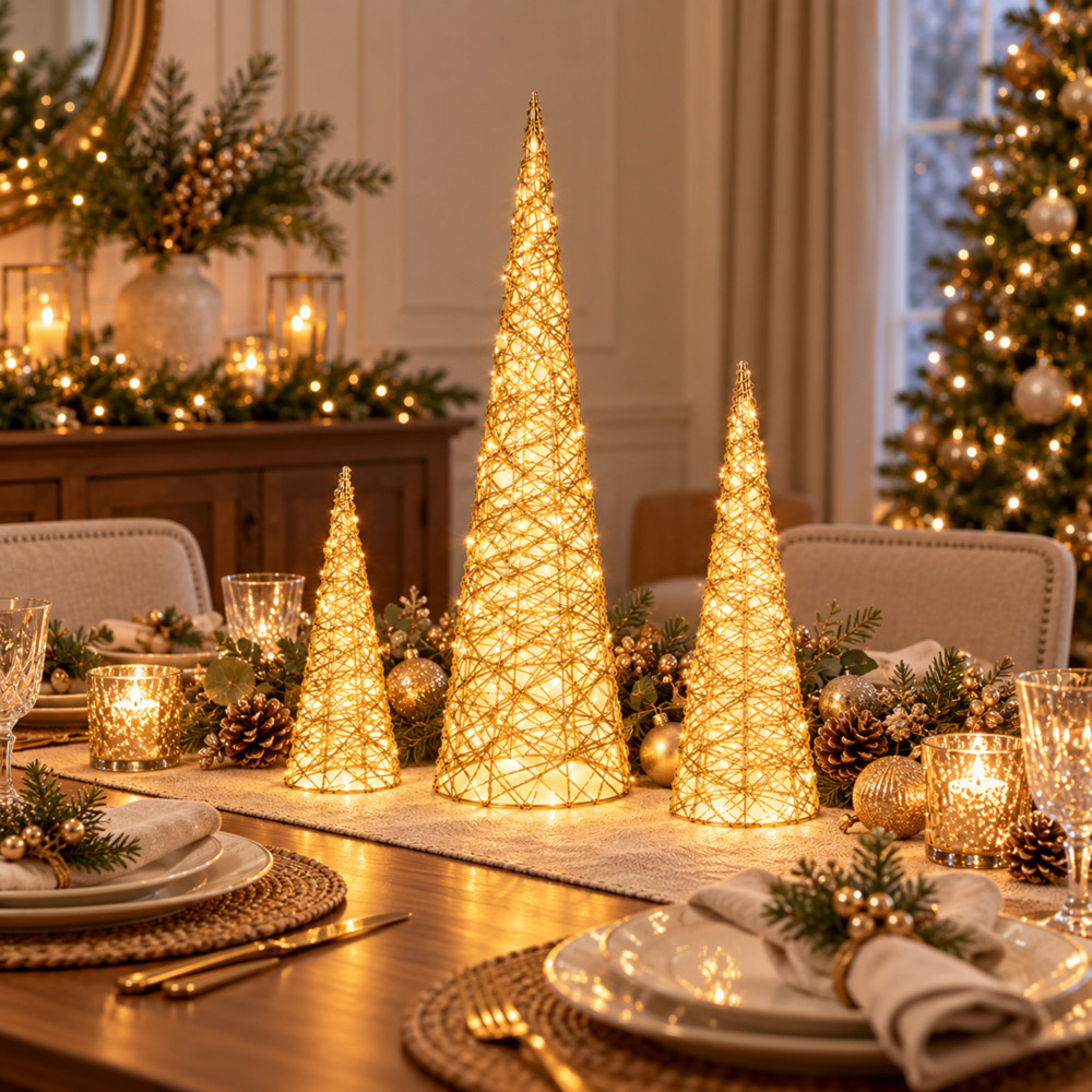 Samuel Alexander 3 Piece Warm White LED Light-Up Gold Weave Christmas Cone Tree Set Image 3