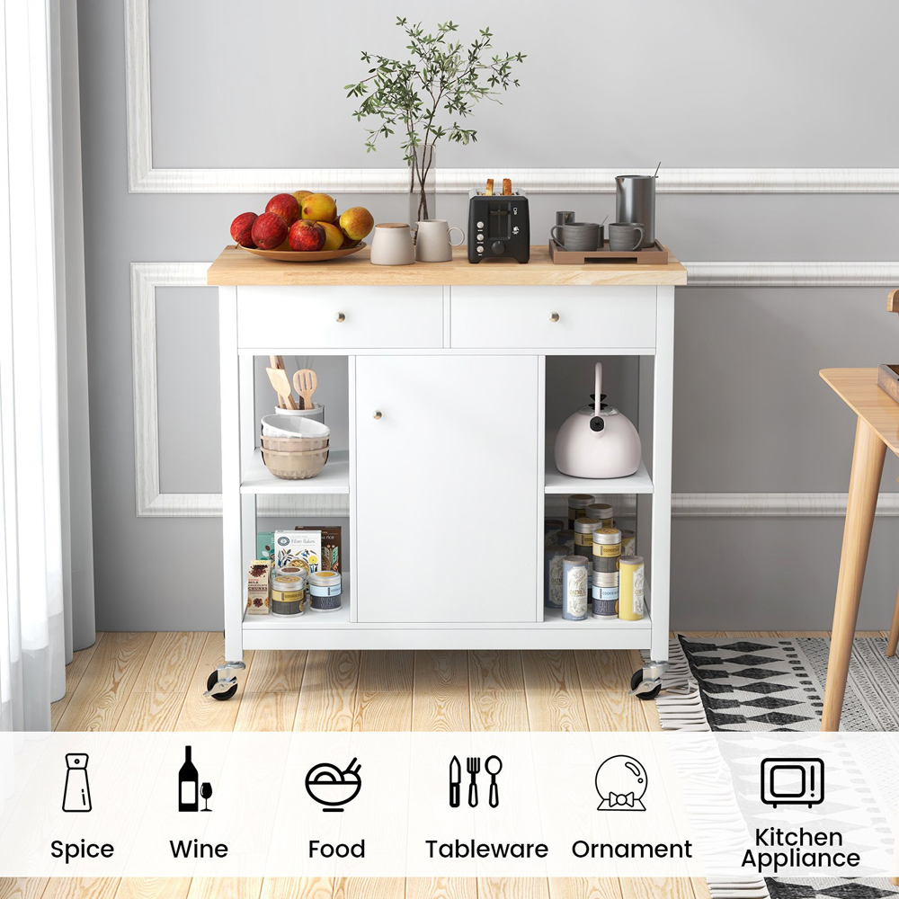 Costway White Rolling Kitchen Island Cart with Rubber Wood Top Image 4