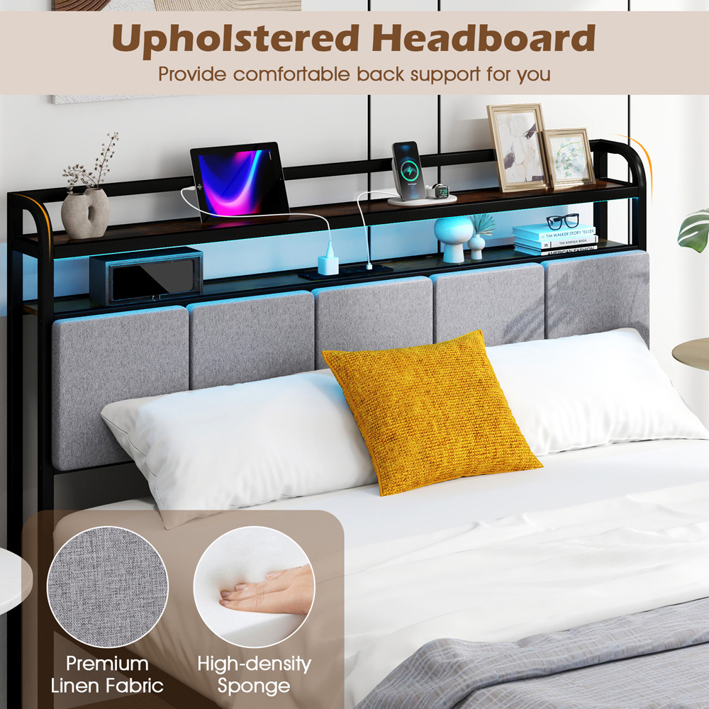 Costway King Size Bed Frame with LED Light and Charging Station-King Size Image 5