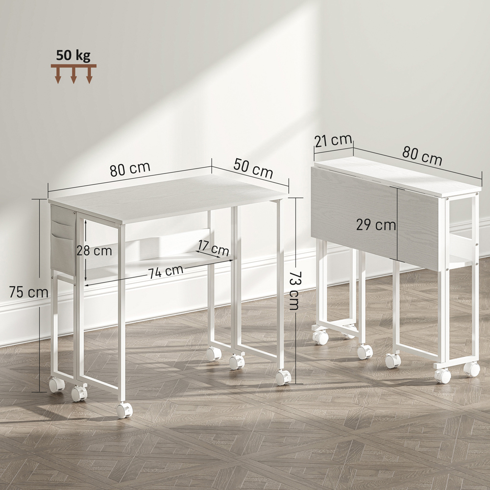 HOMCOM Single Shelf Foldable Computer Desk with Wheels and Side Bag White Image 9