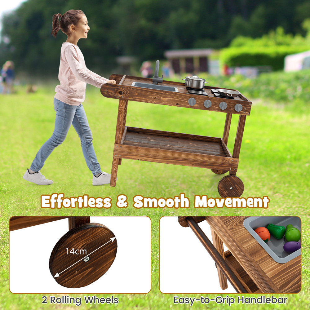 Costway Natural Mud Kitchen with Rolling Wheels Playset Image 8