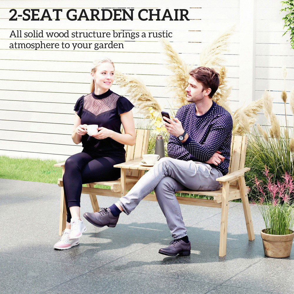 Outsunny 2 Seater Natural Wooden Garden Loveseat with Centre Table and Parasol Hole Image 3