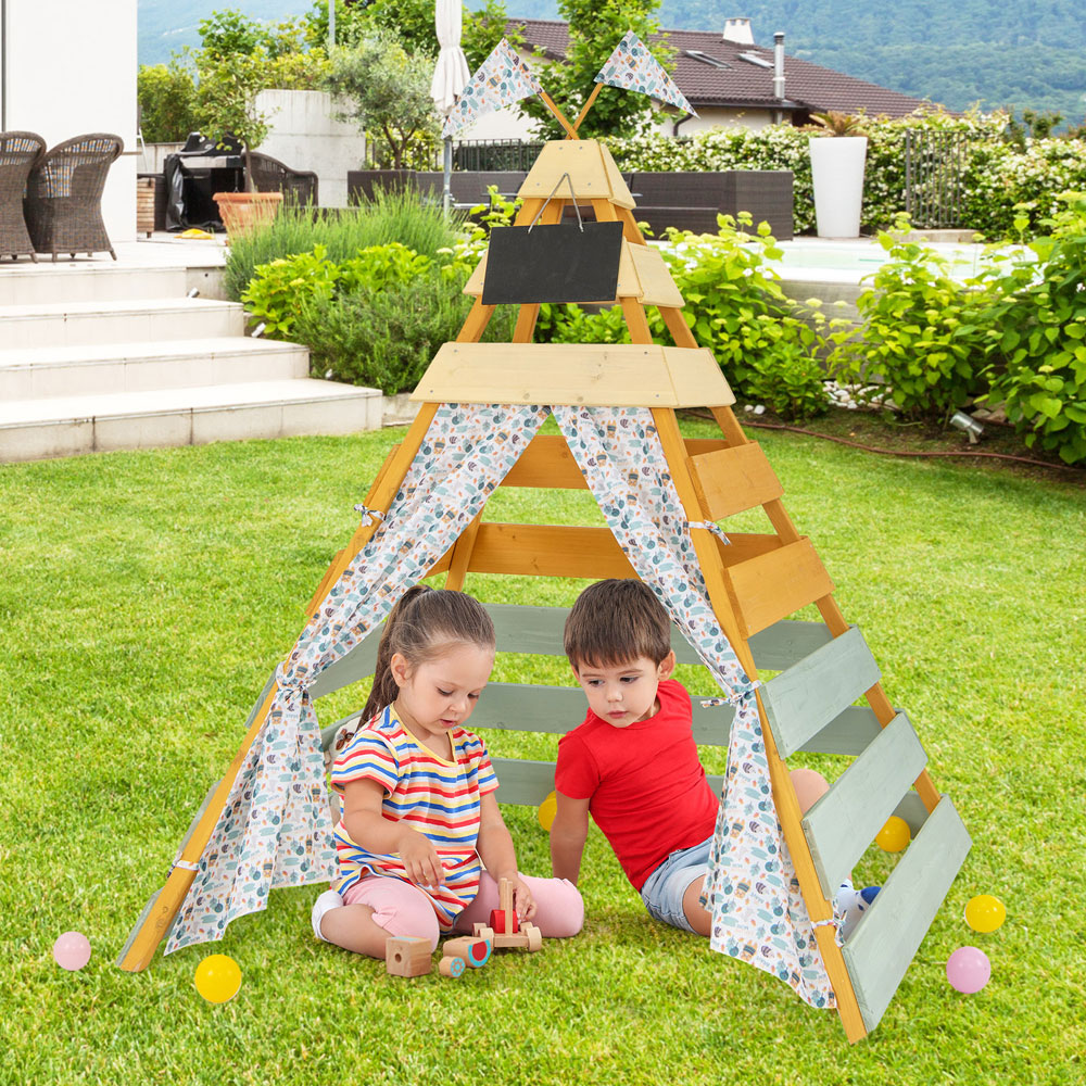 Costway Wooden Kids Play Tepee Tent with Curtains Image 2
