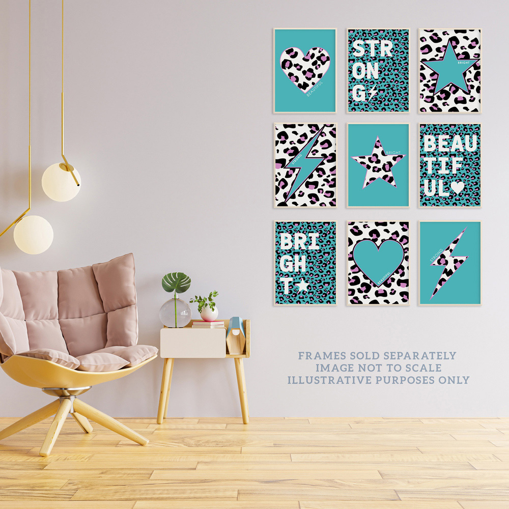 Wee Blue Coo Turquoise Purple Leopard Pattern Heart Lightning Star Wall Art Print 30 x 41cm 9 Pack Image 3