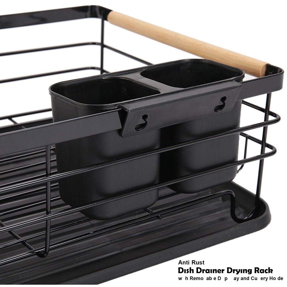 ATEK Black Wooden Handle Dish Drying Rack with Drain Tray and Cutlery Holder Image 5