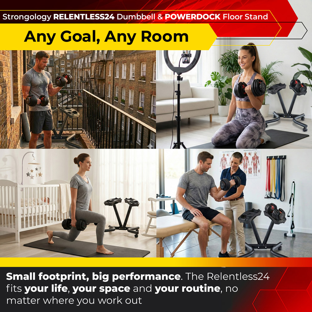 Strongology Relentless24 Adjustable Dumbbell Pair with Powerdock Floor Stand 2.5kg to 24kg Image 6