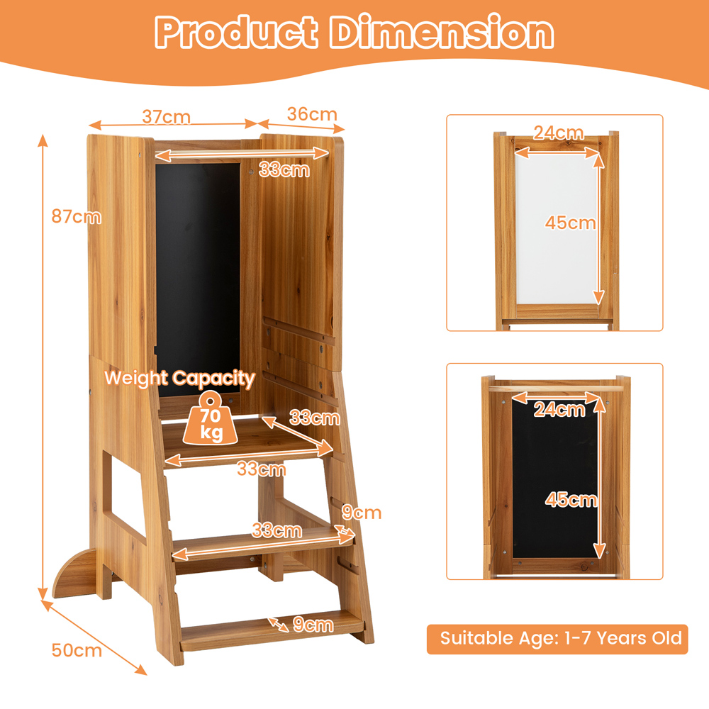 Costway Toddler Natural Kitchen Stool with Chalkboard and Whiteboard Image 9