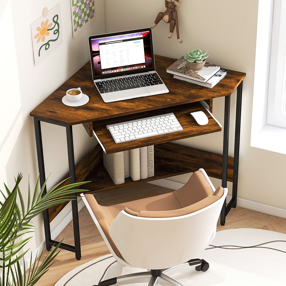 Costway Single Shelf Corner Computer Desk Rustic Brown Wilko