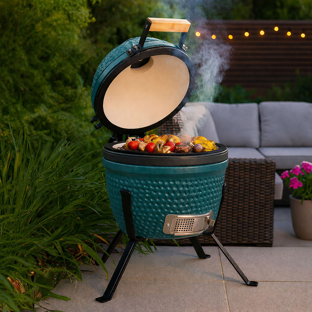 Neo Kamado Blue Portable Ceramic 13 inch Mini BBQ Grill Smoker with Stand Image 2