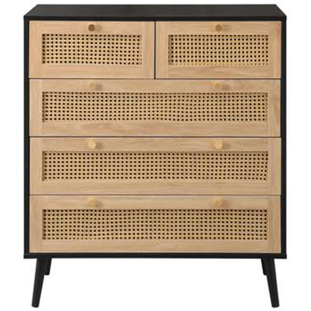Croxley 5 Drawer Black and Oak Rattan Chest of Drawers Image 3