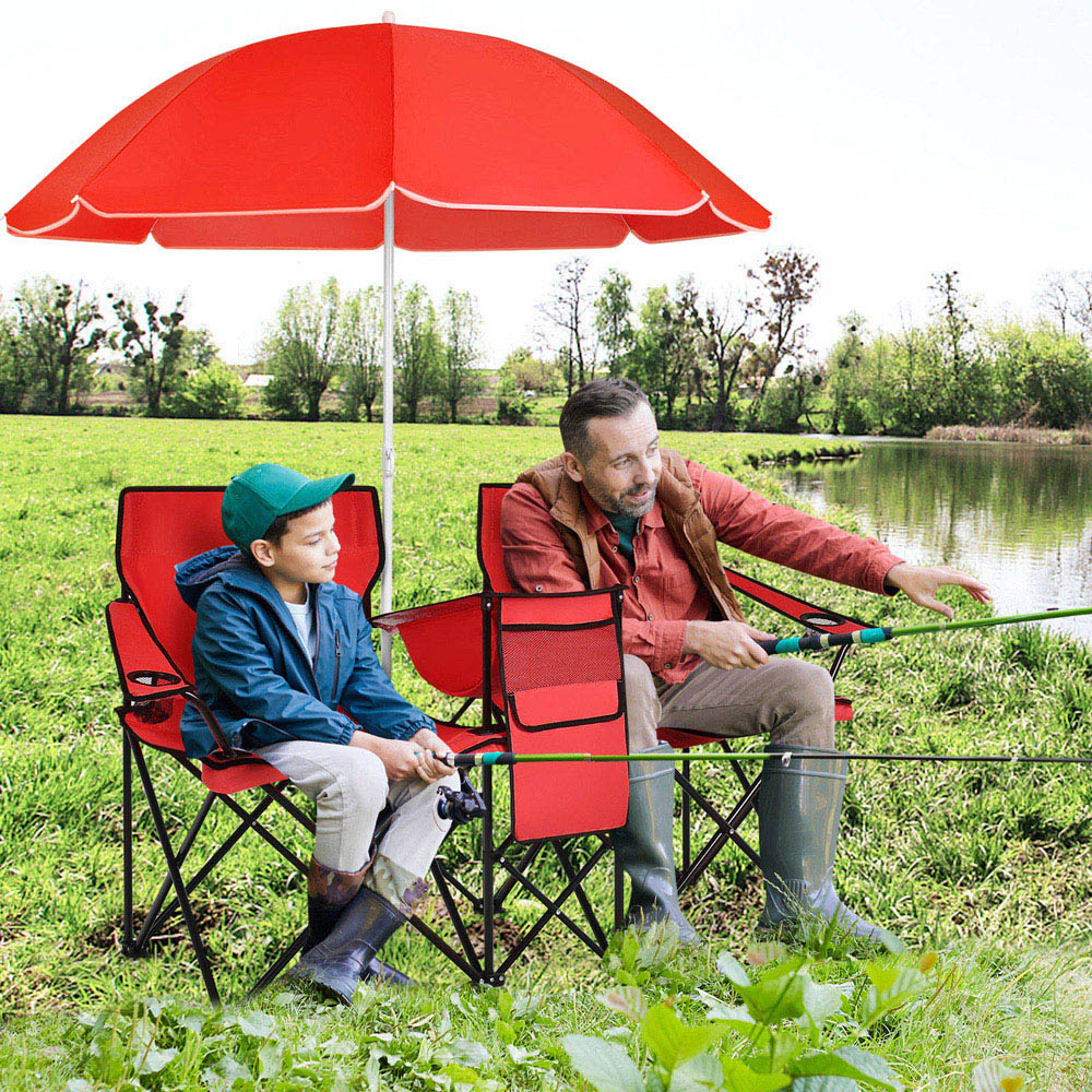 Costway Red Double Portable Camping Chair with Umbrella and Ice Bag Image 2