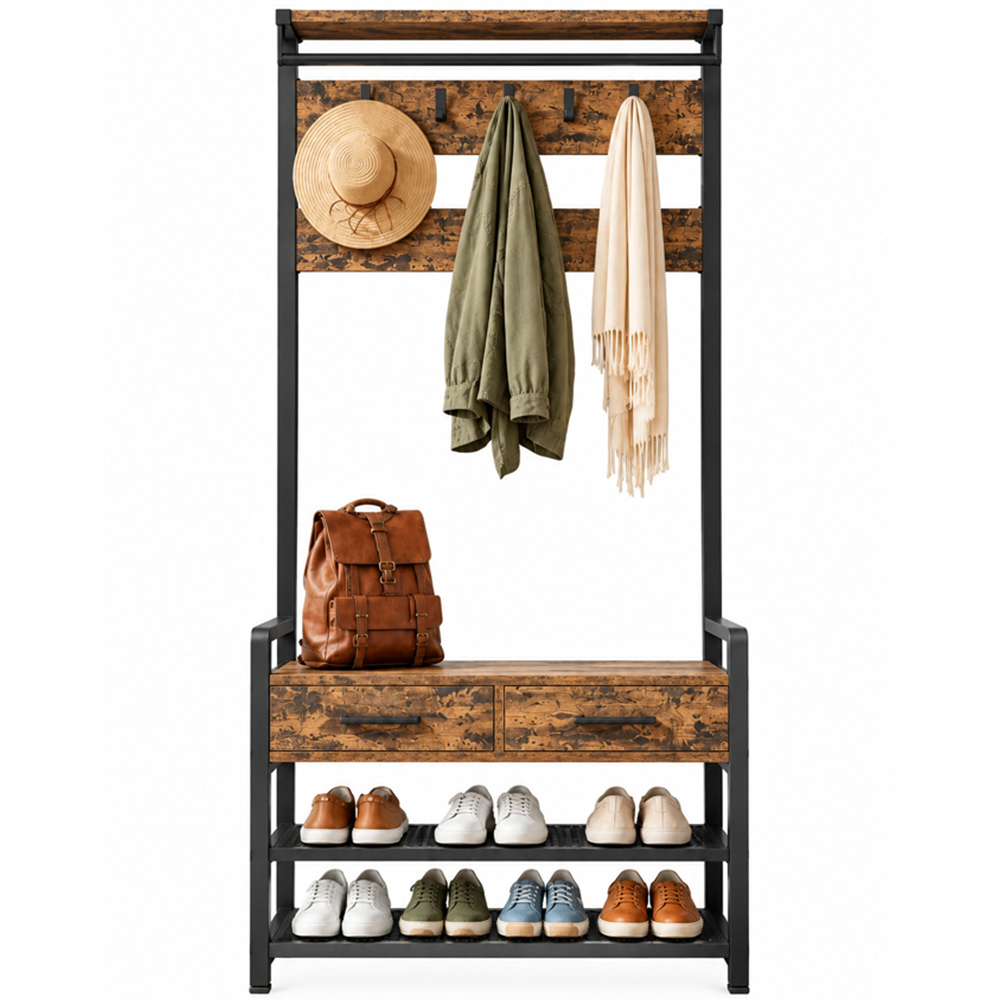 Modcraft 2 Drawer 2 Shelf Rustic Brown Industrial-Style Hall Tree with Shoe Bench Image 3