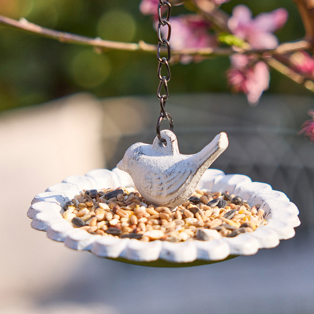 Dibor White Rustic Cast Iron Floral Hanging Bird Feeder Image 4