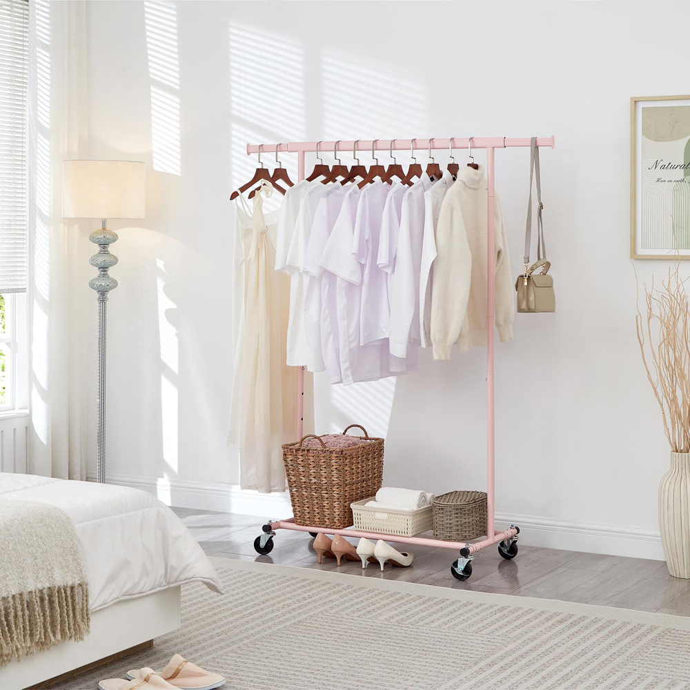 House Of Home Single Shelf Pink Heavy-Duty Adjustable Rolling Clothes Rail Image 4