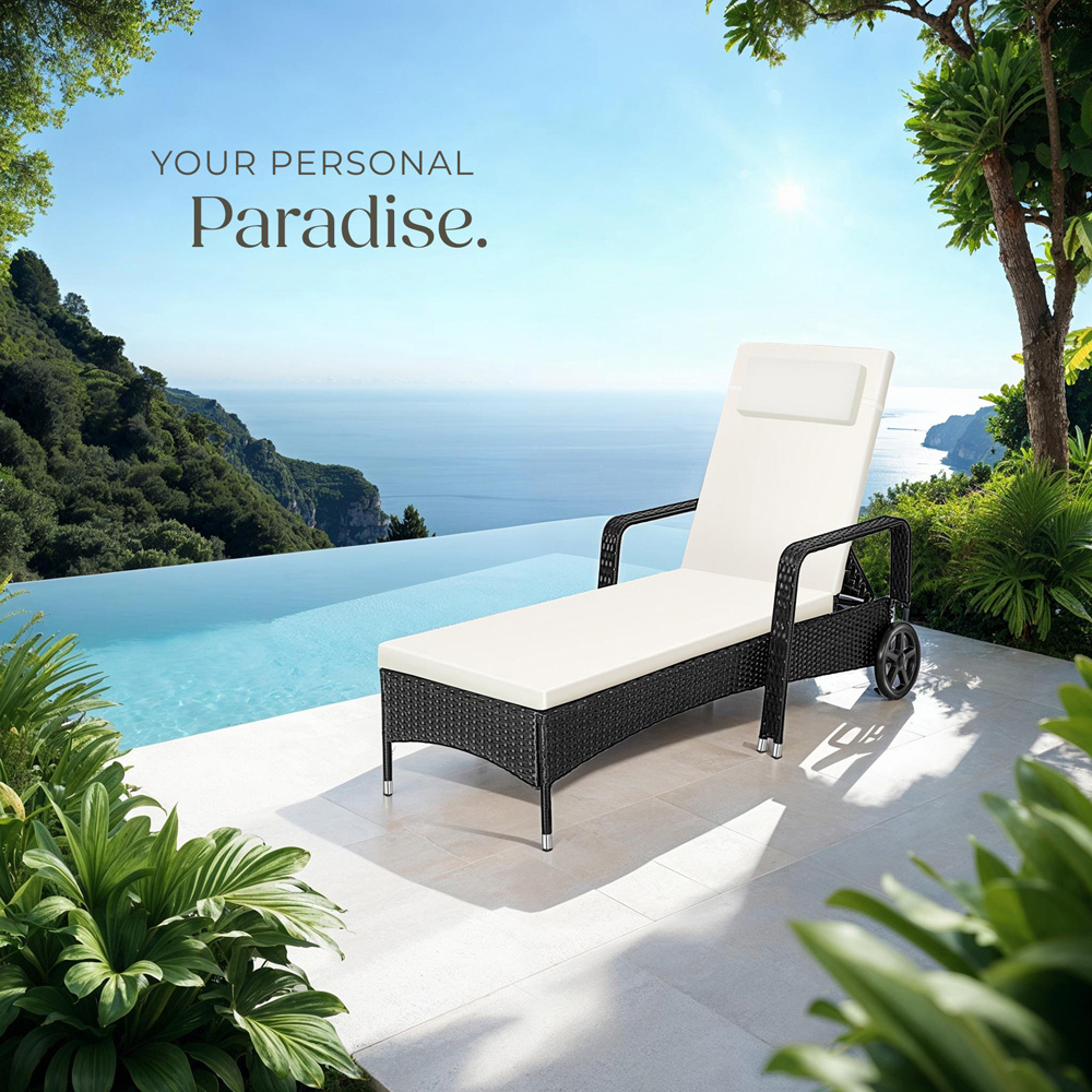 tectake Black and Beige 6 Level Adjustable Sun Lounger with Soft Pillow and Wheels Image 7